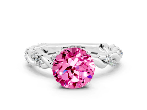 White gold Round Cut Pink Sapphire Solitaire Ring with Twisted Band and Pavé Accents