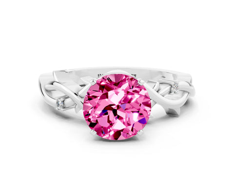 White gold Round Cut Pink Sapphire Solitaire Ring with Twisted Band and Prong Setting_12