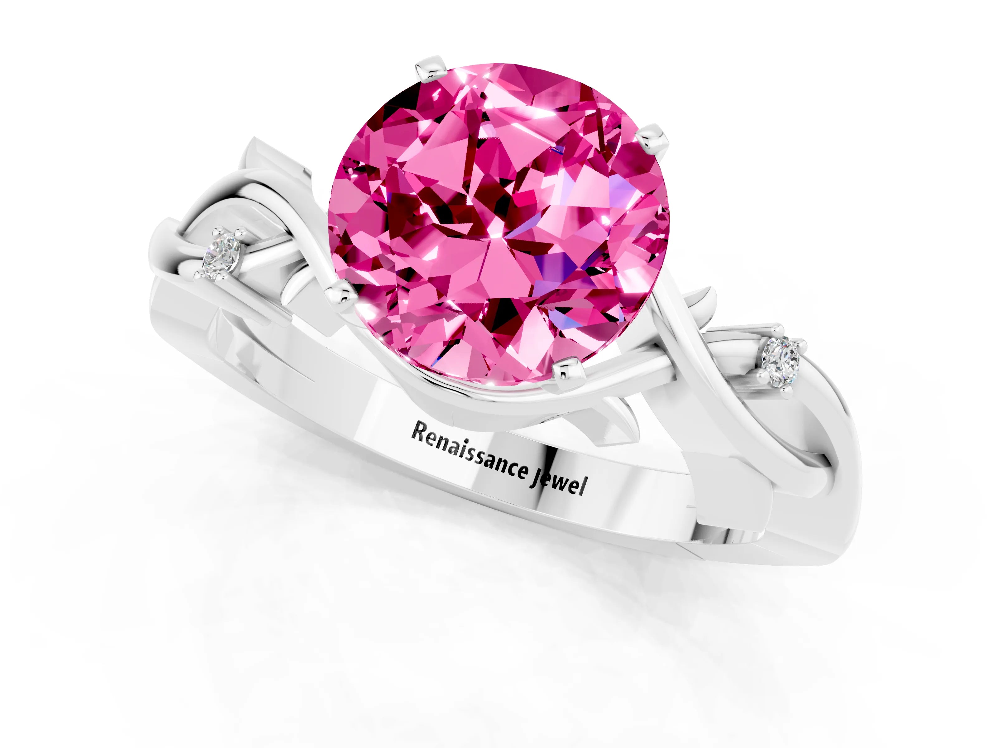 White gold Round Cut Pink Sapphire Solitaire Ring with Twisted Band and Prong Setting_13