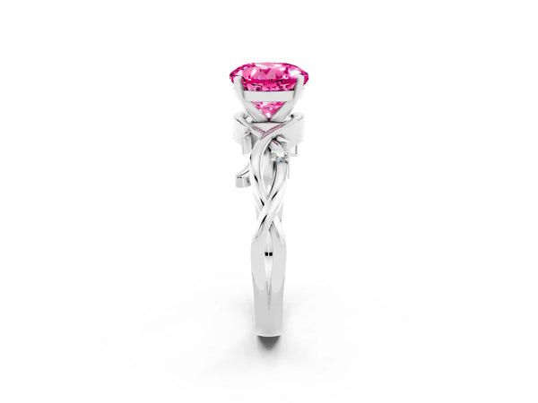 White gold Round Cut Pink Sapphire Solitaire Ring with Twisted Band and Prong Setting
