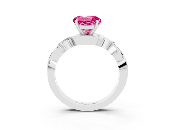White gold Round Cut Pink Sapphire Solitaire Ring with Twisted Band and Prong Setting