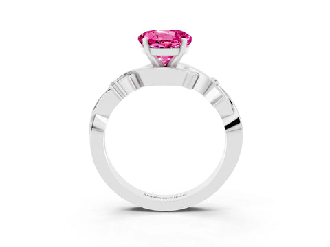 White gold Round Cut Pink Sapphire Solitaire Ring with Twisted Band and Prong Setting_15