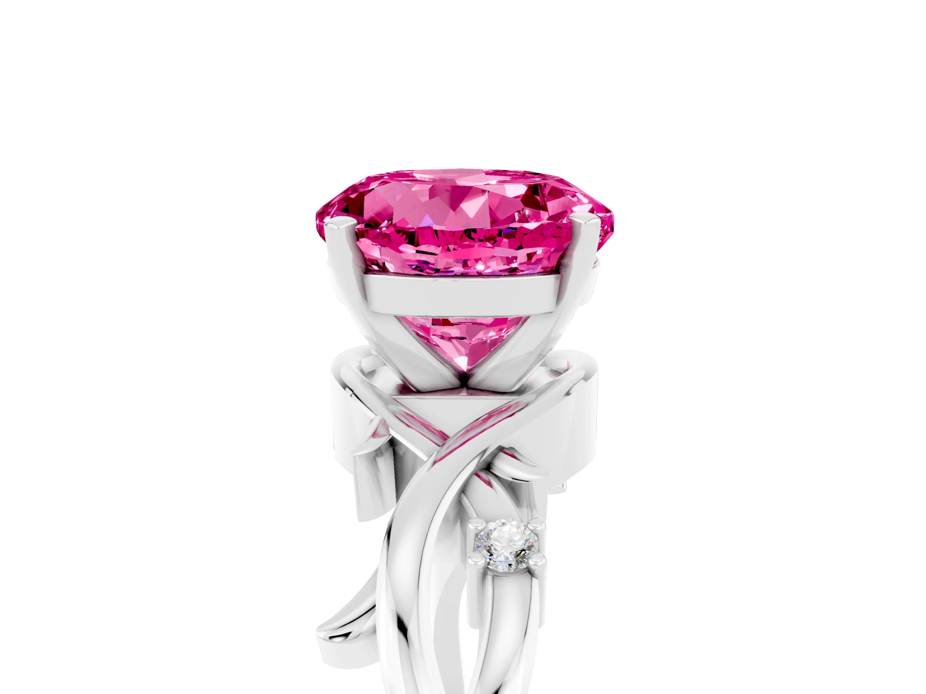 White gold Round Cut Pink Sapphire Solitaire Ring with Twisted Band and Prong Setting_17