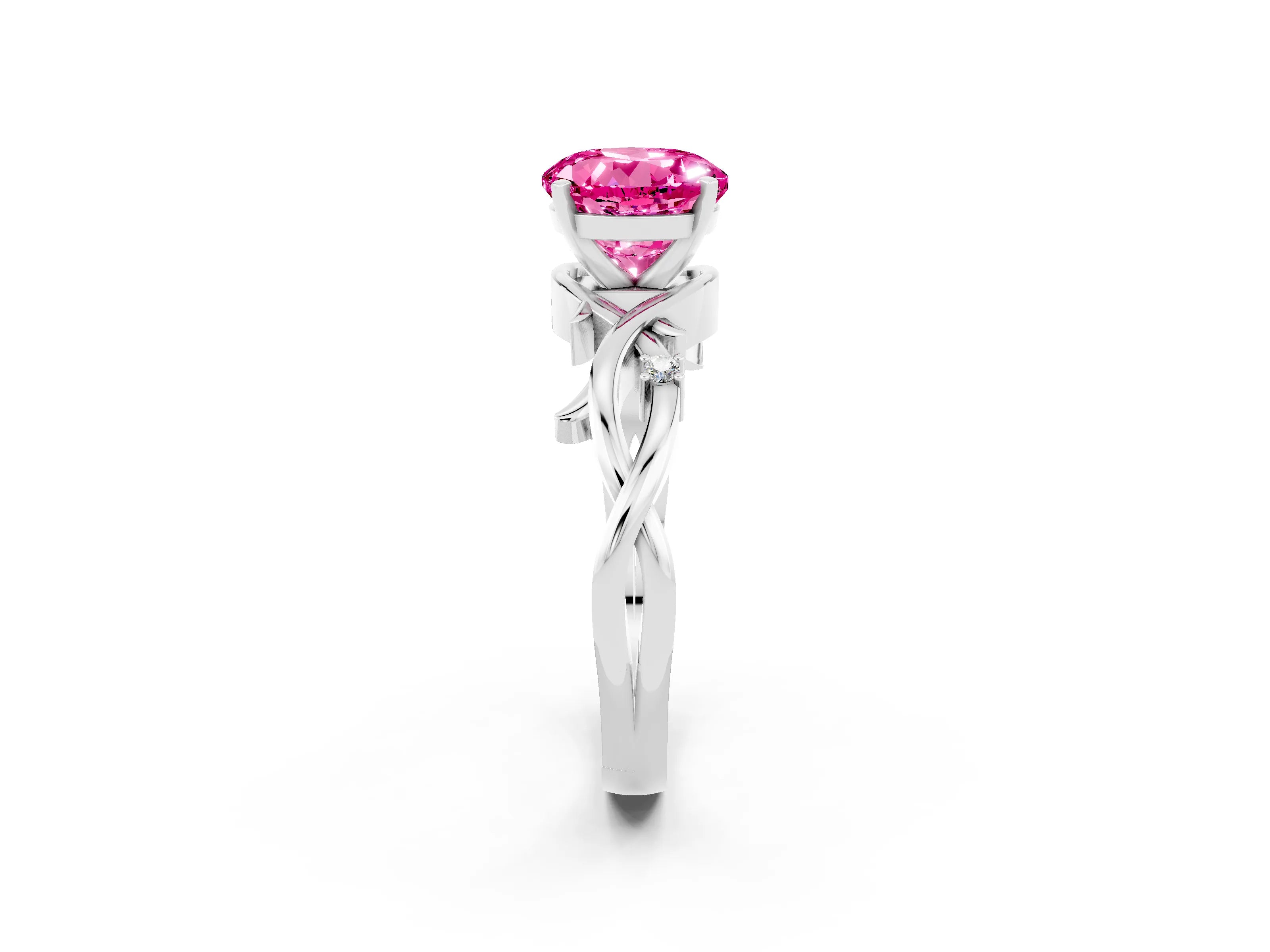 White gold Round Cut Pink Sapphire Solitaire Ring with Twisted Band and Prong Setting_2