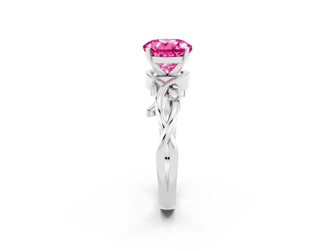 White gold Round Cut Pink Sapphire Solitaire Ring with Twisted Band and Prong Setting_2