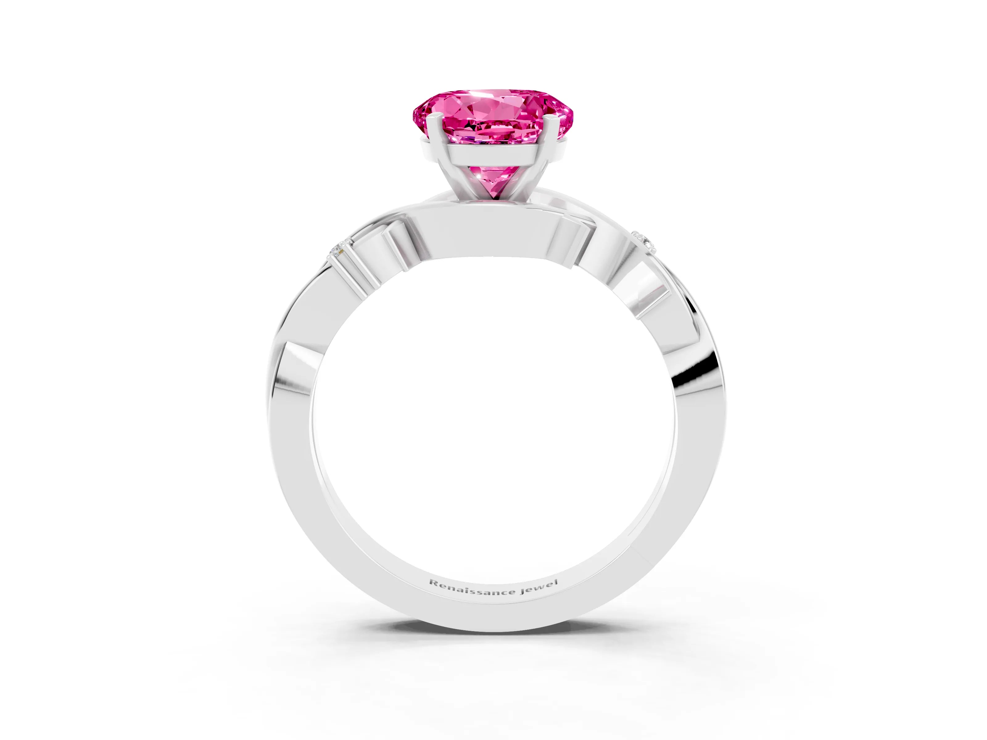 White gold Round Cut Pink Sapphire Solitaire Ring with Twisted Band and Prong Setting_3
