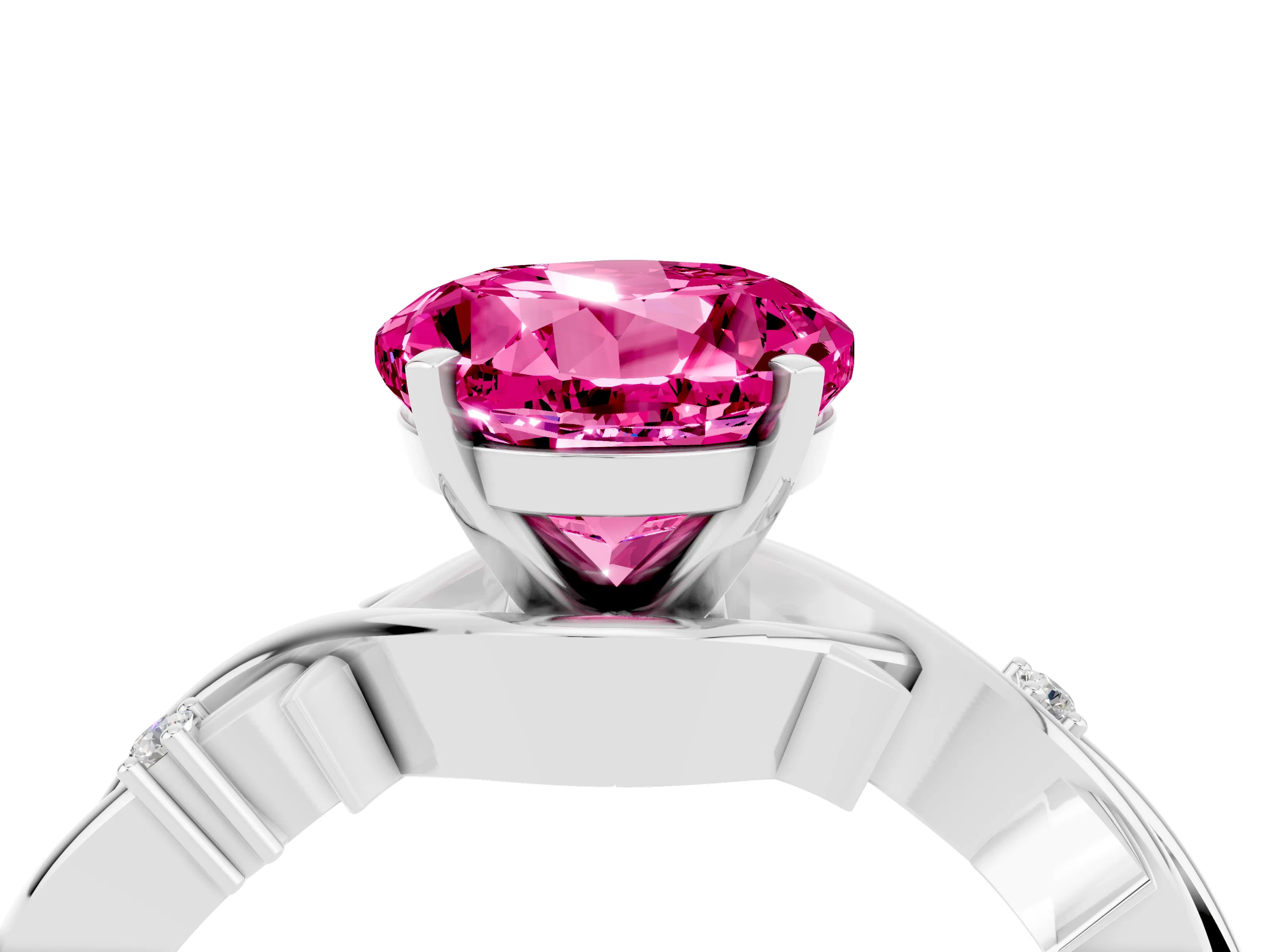 White gold Round Cut Pink Sapphire Solitaire Ring with Twisted Band and Prong Setting_4