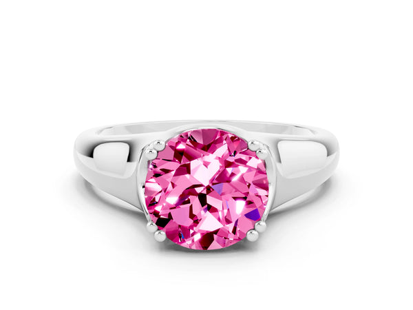Platinum Round Cut Pink Sapphire Solitaire Ring with Wide Band and Prong Setting
