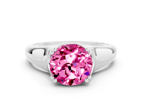 White gold Round Cut Pink Sapphire Solitaire Ring with Wide Band and Prong Setting_24