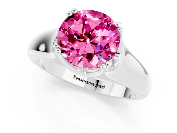 Platinum Round Cut Pink Sapphire Solitaire Ring with Wide Band and Prong Setting