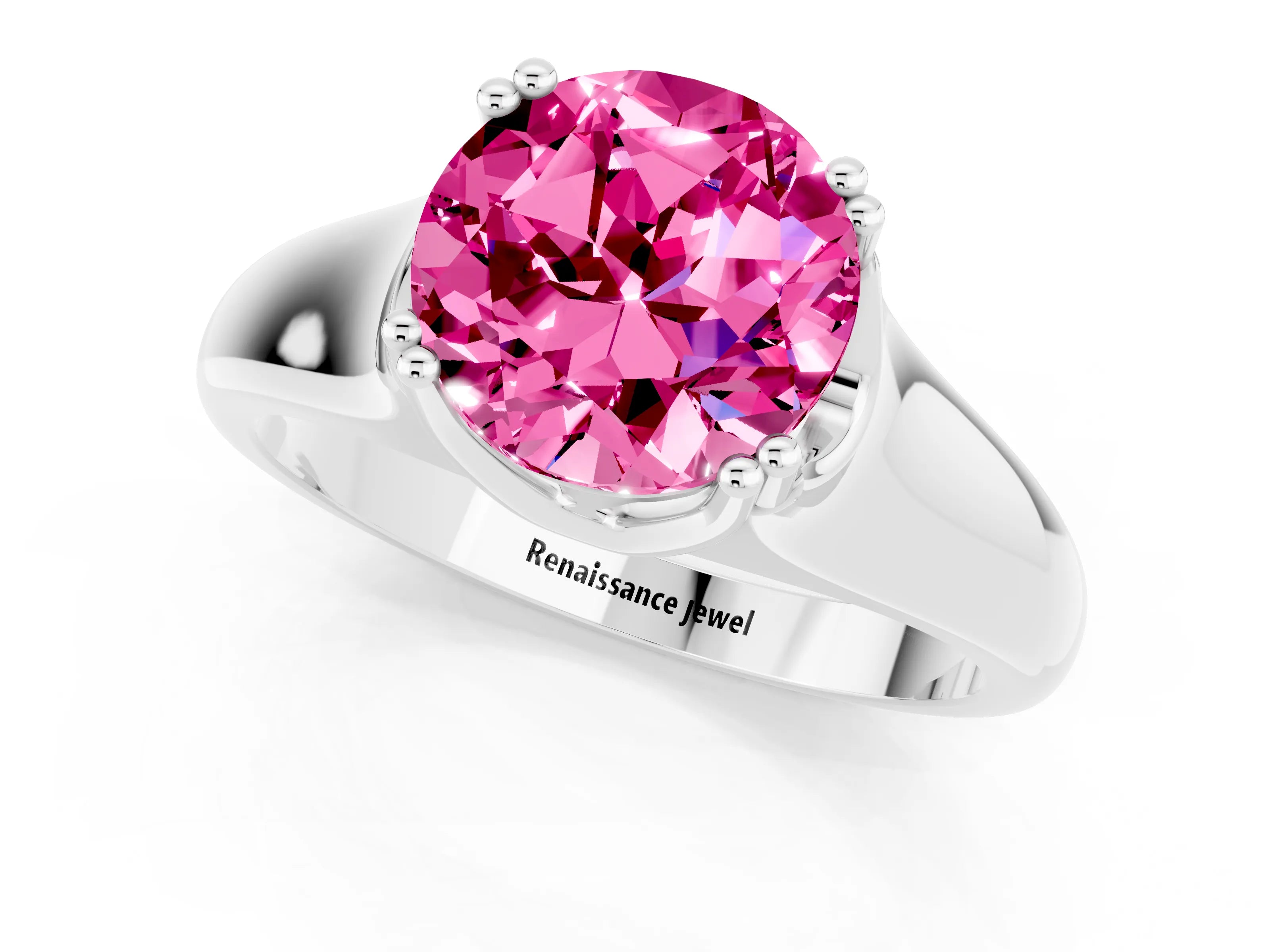 White gold Round Cut Pink Sapphire Solitaire Ring with Wide Band and Prong Setting_25