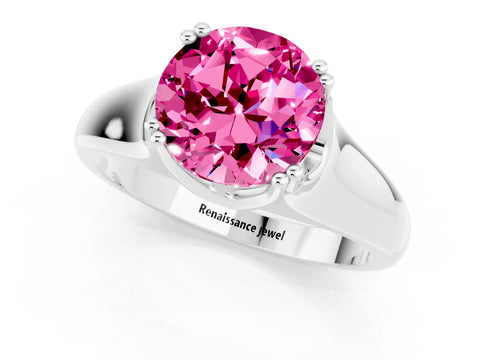 White gold Round Cut Pink Sapphire Solitaire Ring with Wide Band and Prong Setting_25