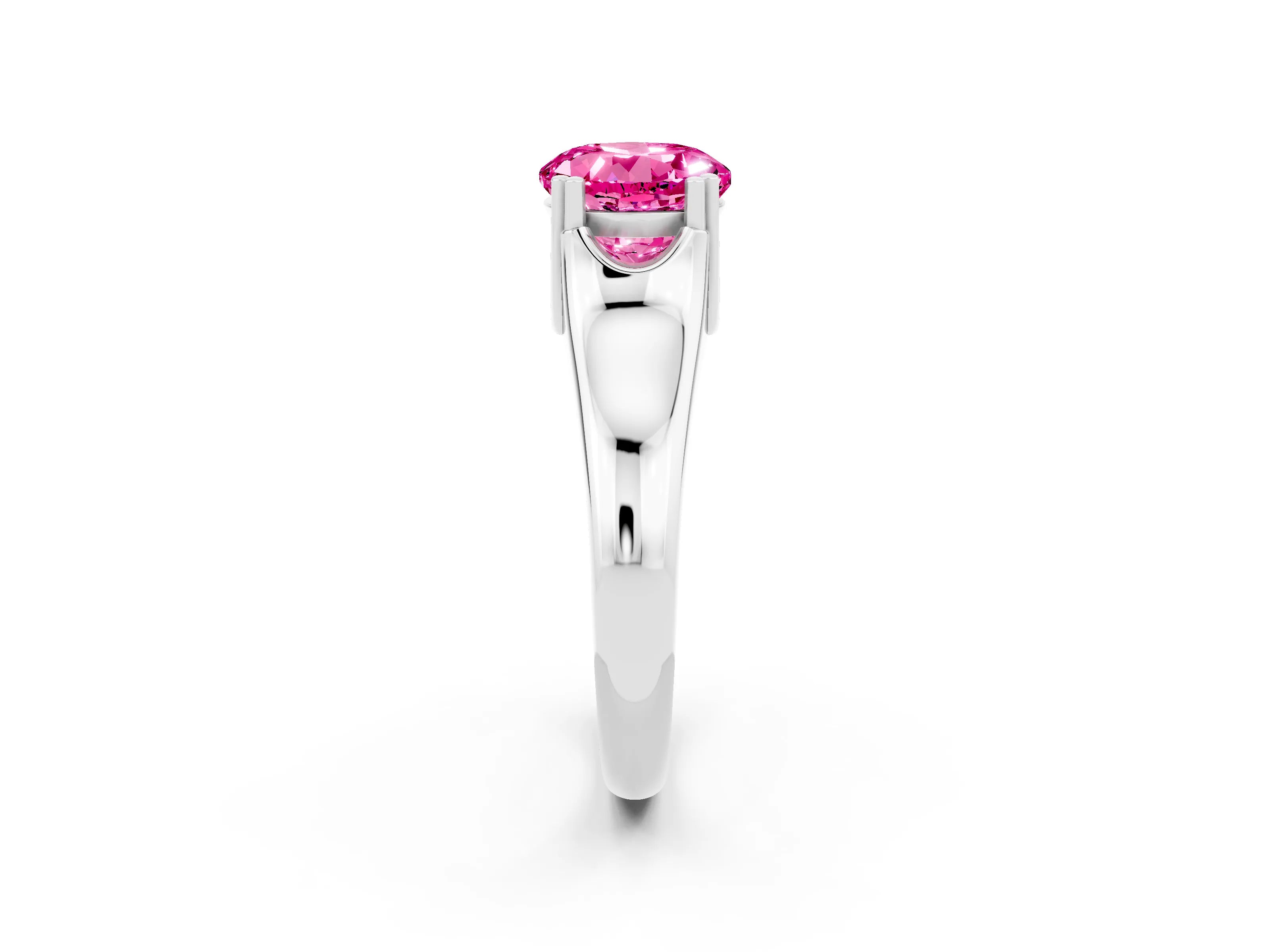White gold Round Cut Pink Sapphire Solitaire Ring with Wide Band and Prong Setting_26
