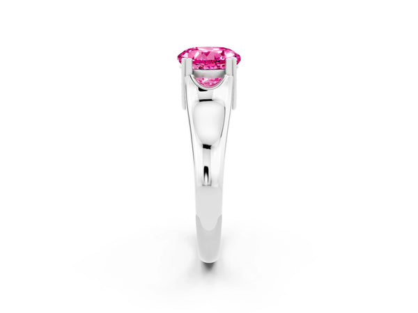 Silver Round Cut Pink Sapphire Solitaire Ring with Wide Band and Prong Setting