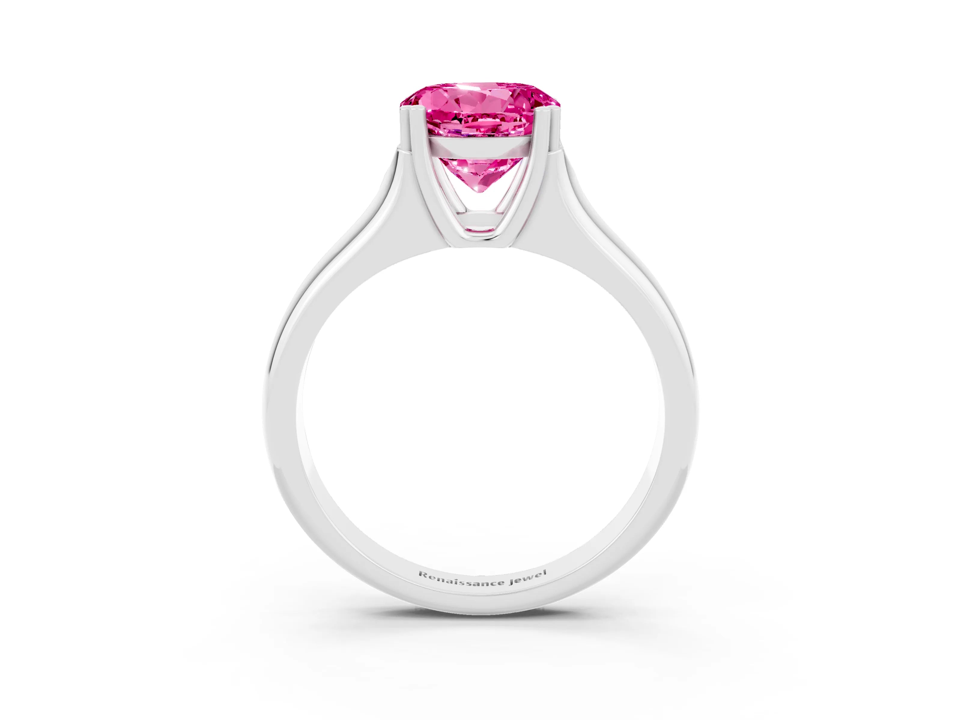 White gold Round Cut Pink Sapphire Solitaire Ring with Wide Band and Prong Setting_27