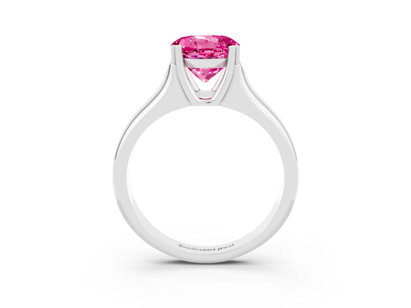 Platinum Round Cut Pink Sapphire Solitaire Ring with Wide Band and Prong Setting
