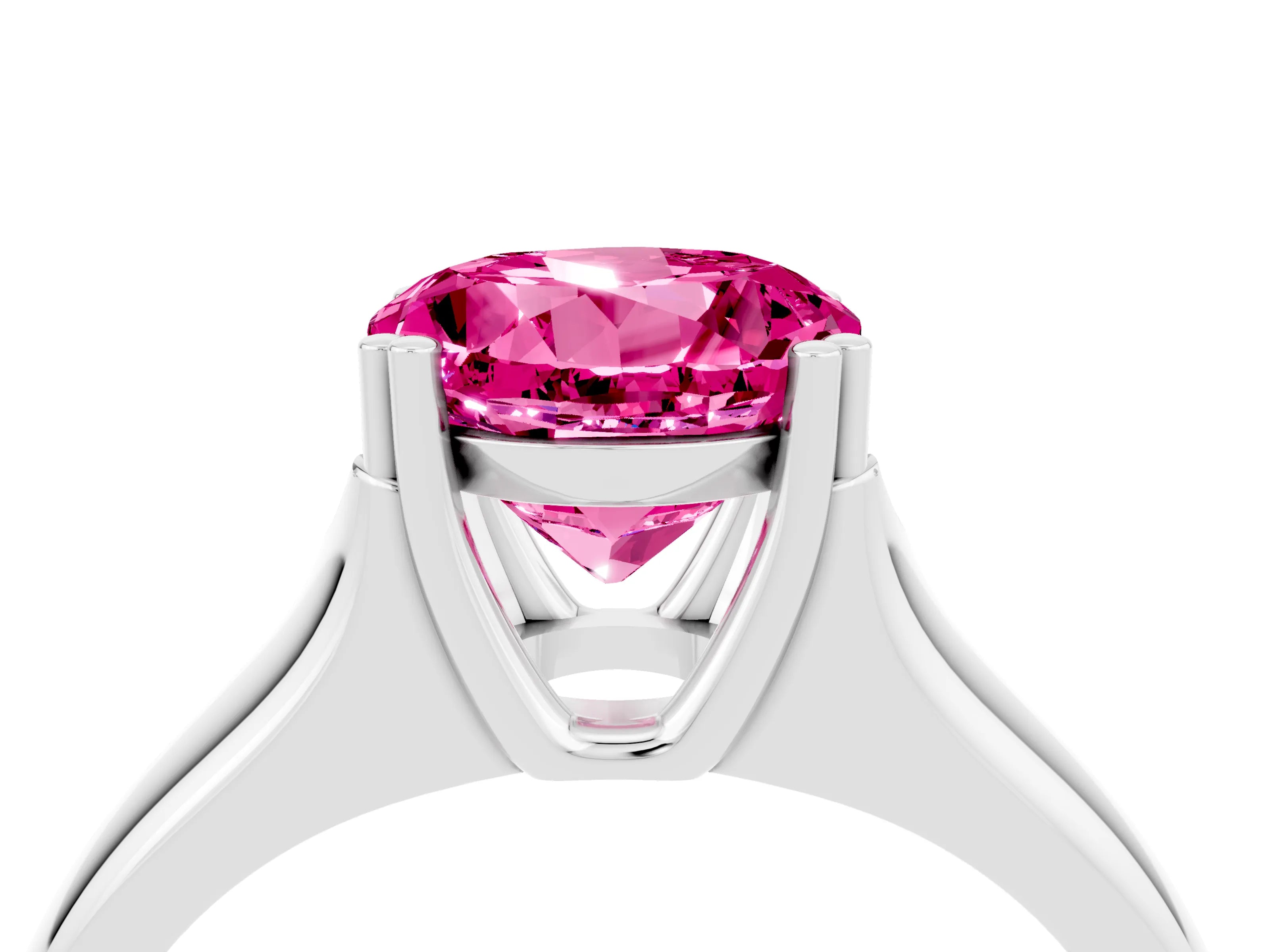 White gold Round Cut Pink Sapphire Solitaire Ring with Wide Band and Prong Setting_28