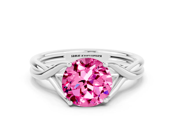 Silver Round Cut Pink Sapphire Solitaire Twist Band Prong Setting Ring