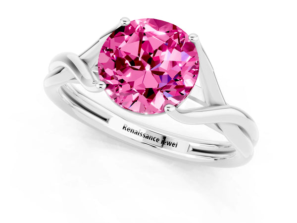 Platinum Round Cut Pink Sapphire Solitaire Twist Band Prong Setting Ring