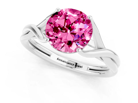 White gold Round Cut Pink Sapphire Solitaire Twist Band Prong Setting Ring_73