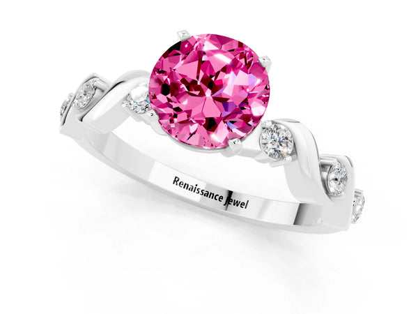 White gold Round Cut Pink Sapphire Solitaire Twisted Band with Round  Accents and Prong Setting