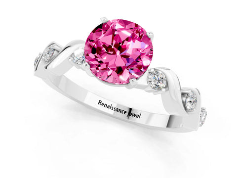 White gold Round Cut Pink Sapphire Solitaire Twisted Band with Round  Accents and Prong Setting_13