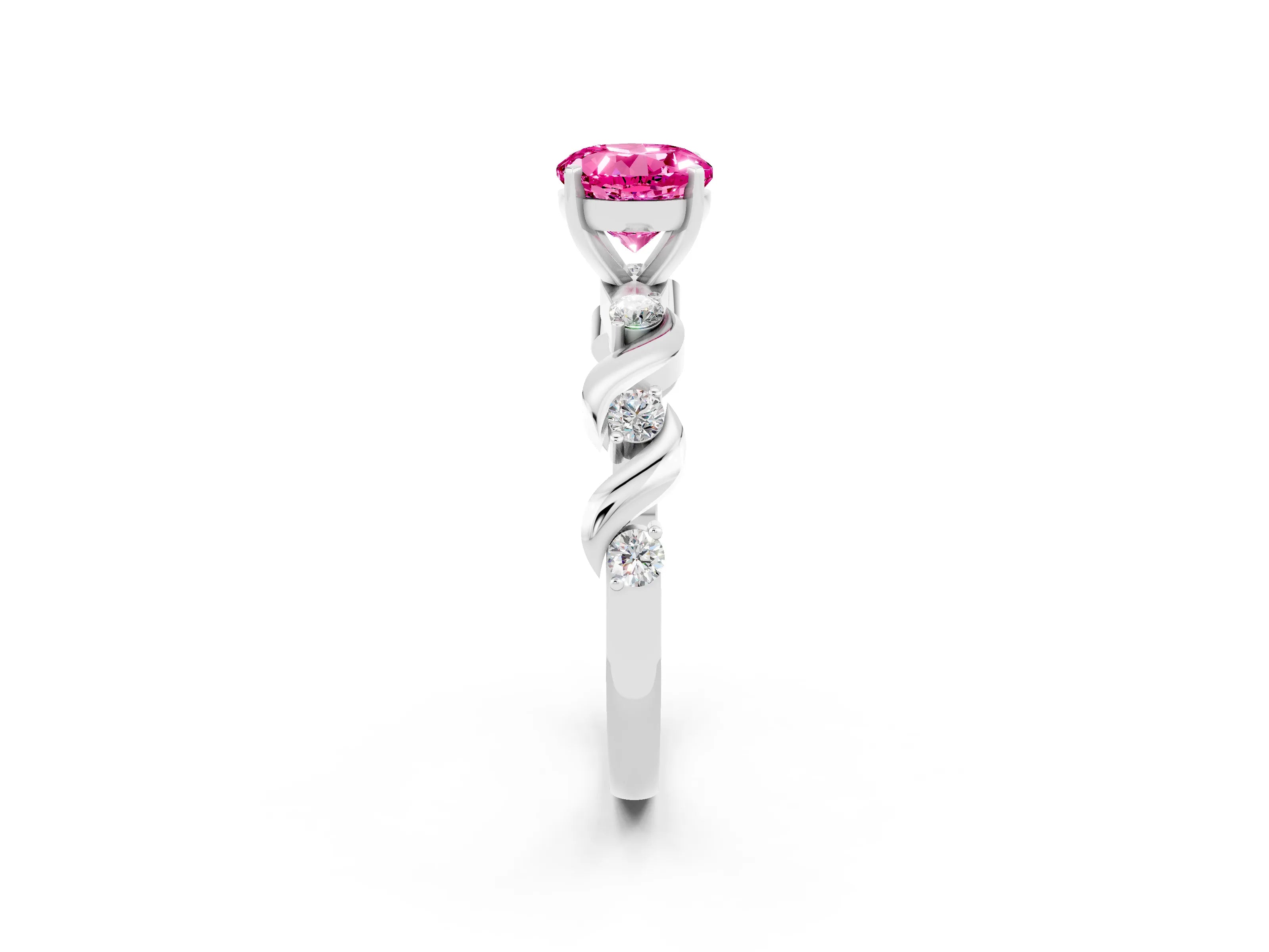 White gold Round Cut Pink Sapphire Solitaire Twisted Band with Round  Accents and Prong Setting_14