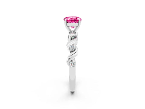 White gold Round Cut Pink Sapphire Solitaire Twisted Band with Round  Accents and Prong Setting_14
