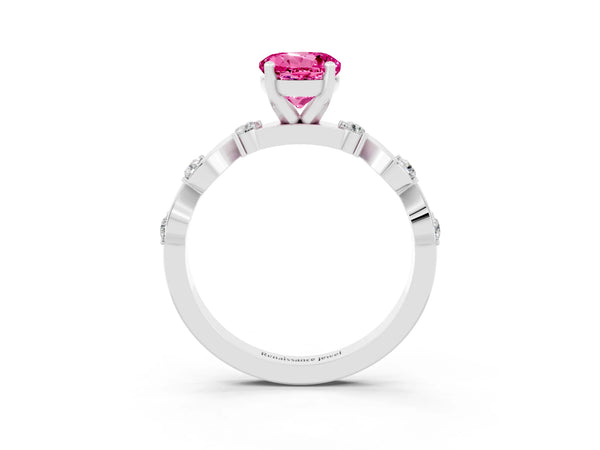 Platinum Round Cut Pink Sapphire Solitaire Twisted Band with Round  Accents and Prong Setting