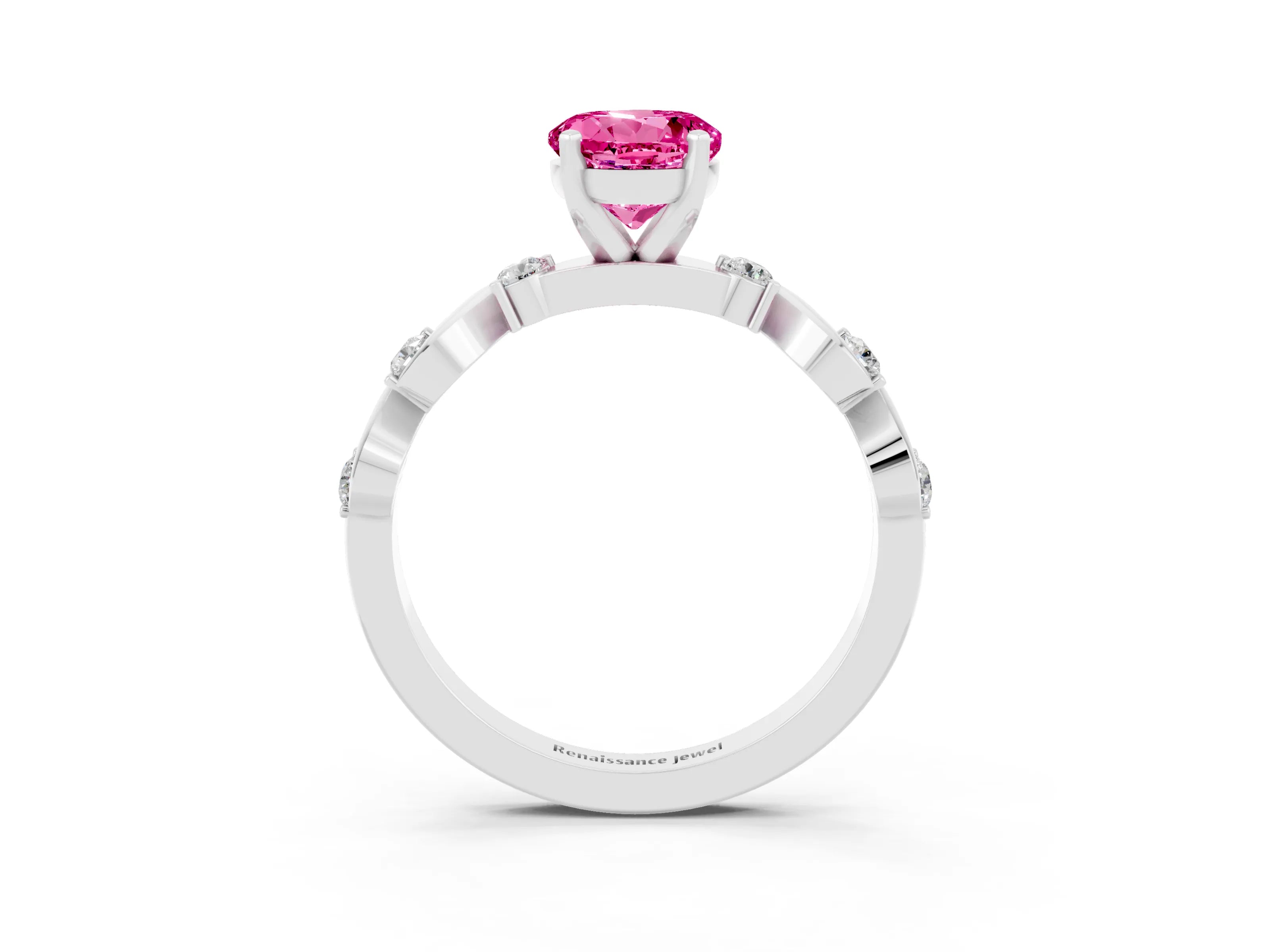 White gold Round Cut Pink Sapphire Solitaire Twisted Band with Round  Accents and Prong Setting_15