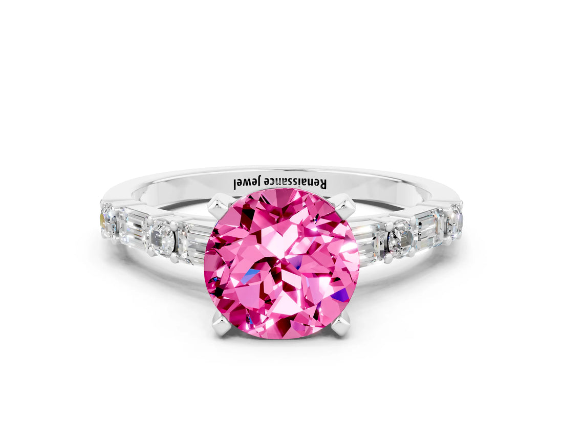 White gold Round Cut Pink Sapphire Solitaire with Side Baguettes and Channel Set Band_24