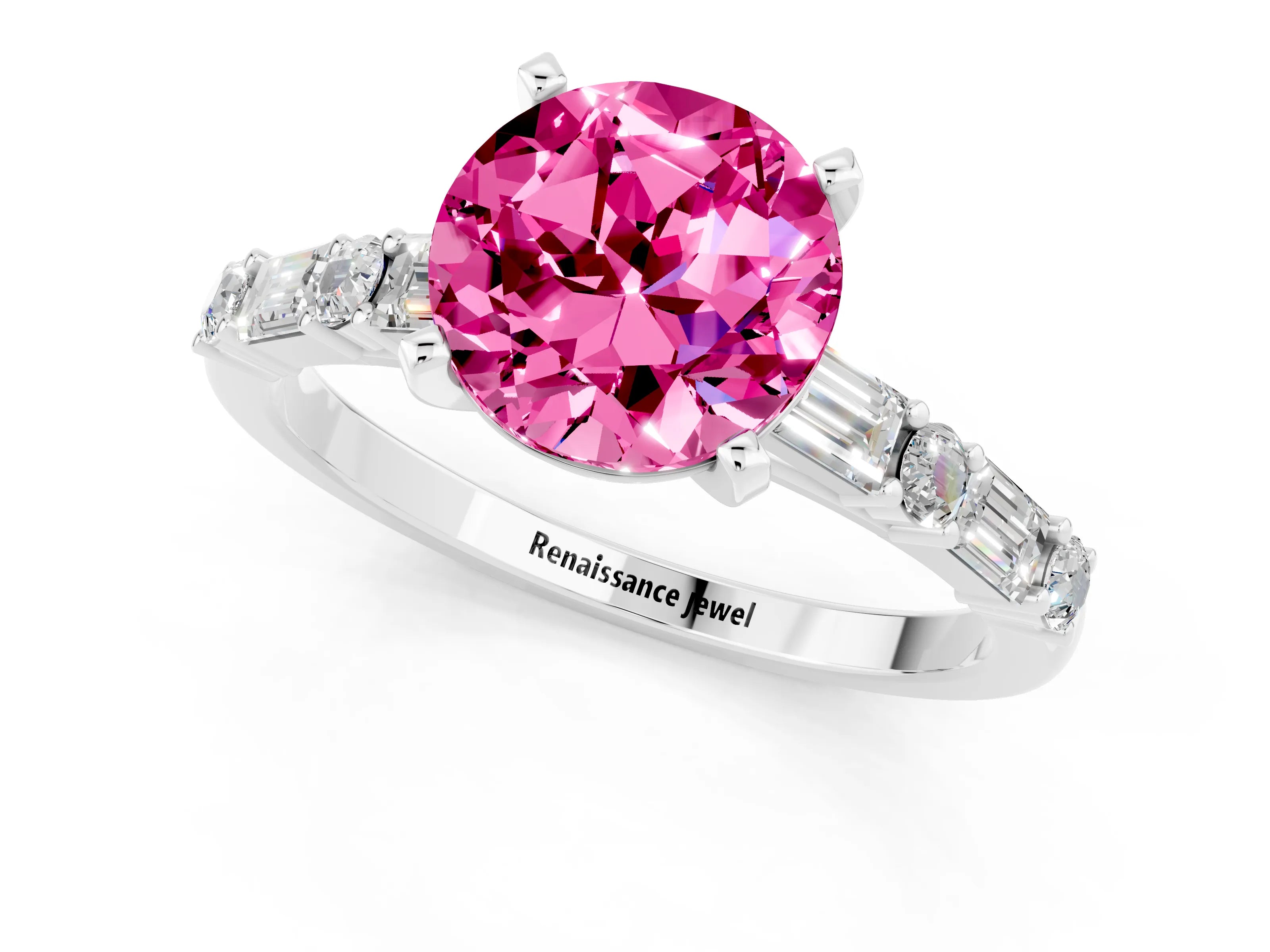 White gold Round Cut Pink Sapphire Solitaire with Side Baguettes and Channel Set Band_25
