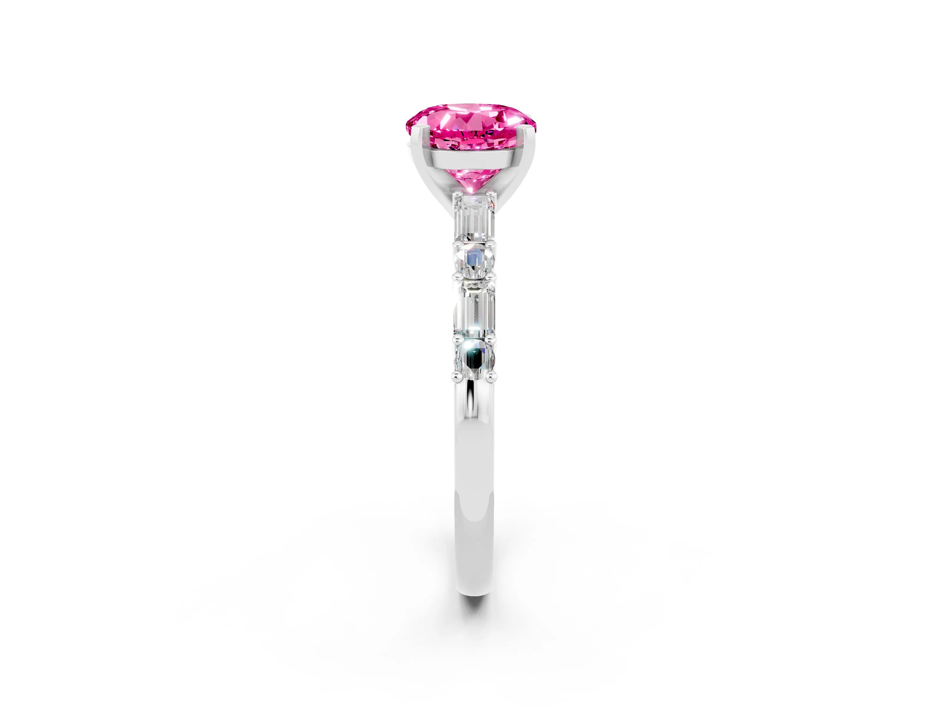 White gold Round Cut Pink Sapphire Solitaire with Side Baguettes and Channel Set Band_26