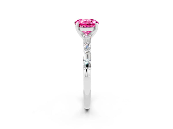 Silver Round Cut Pink Sapphire Solitaire with Side Baguettes and Channel Set Band