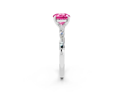 White gold Round Cut Pink Sapphire Solitaire with Side Baguettes and Channel Set Band_26