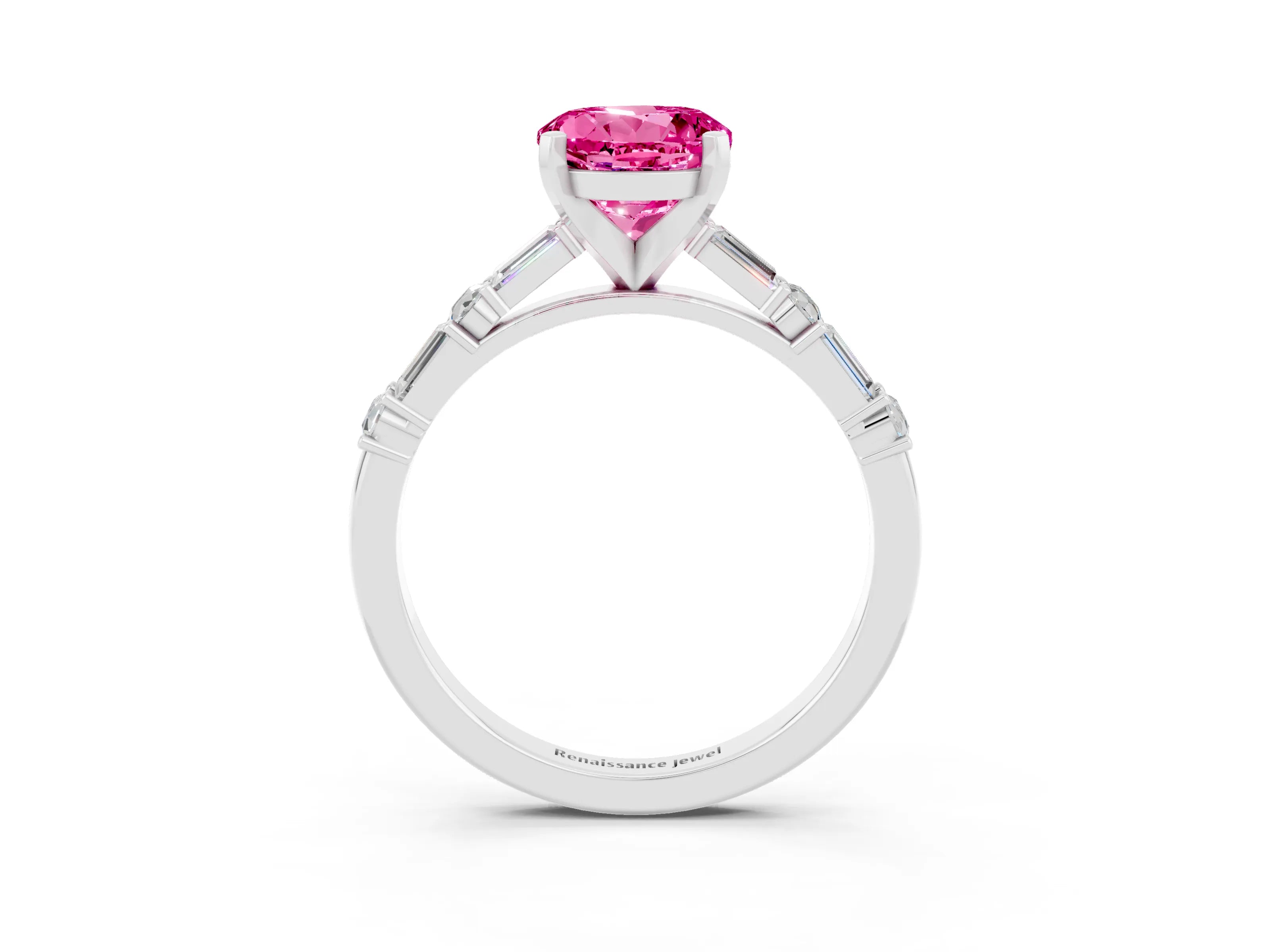 White gold Round Cut Pink Sapphire Solitaire with Side Baguettes and Channel Set Band_27