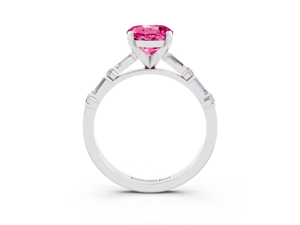 White gold Round Cut Pink Sapphire Solitaire with Side Baguettes and Channel Set Band
