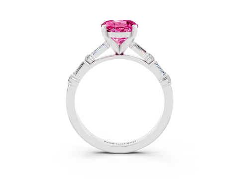 White gold Round Cut Pink Sapphire Solitaire with Side Baguettes and Channel Set Band_27
