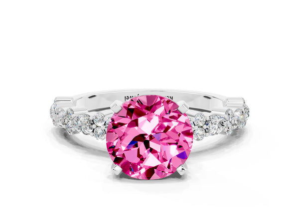 Silver Round Cut Pink Sapphire Side Stone Solitaire Ring with Round  and Four-Prong Setting
