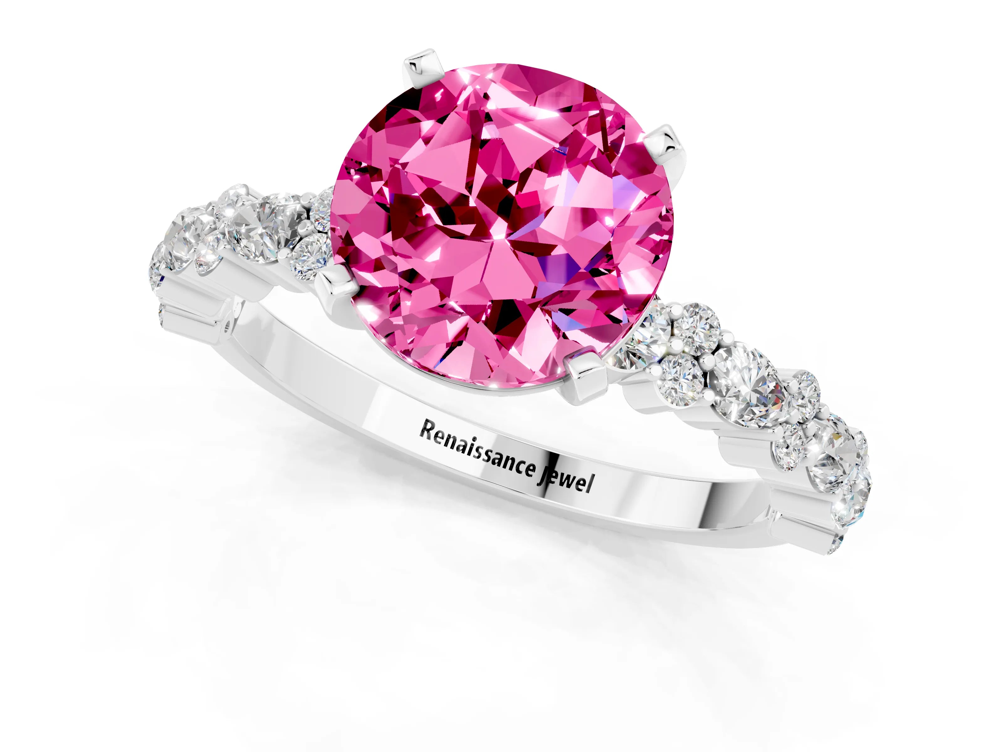 White gold Round Cut Pink Sapphire Solitaire with Side Stones, Pave Band, Four-Prong Setting_25