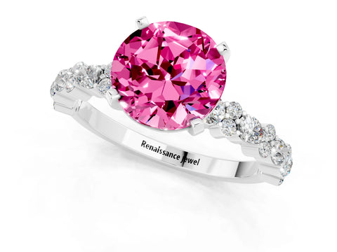 White gold Round Cut Pink Sapphire Solitaire with Side Stones, Pave Band, Four-Prong Setting_25