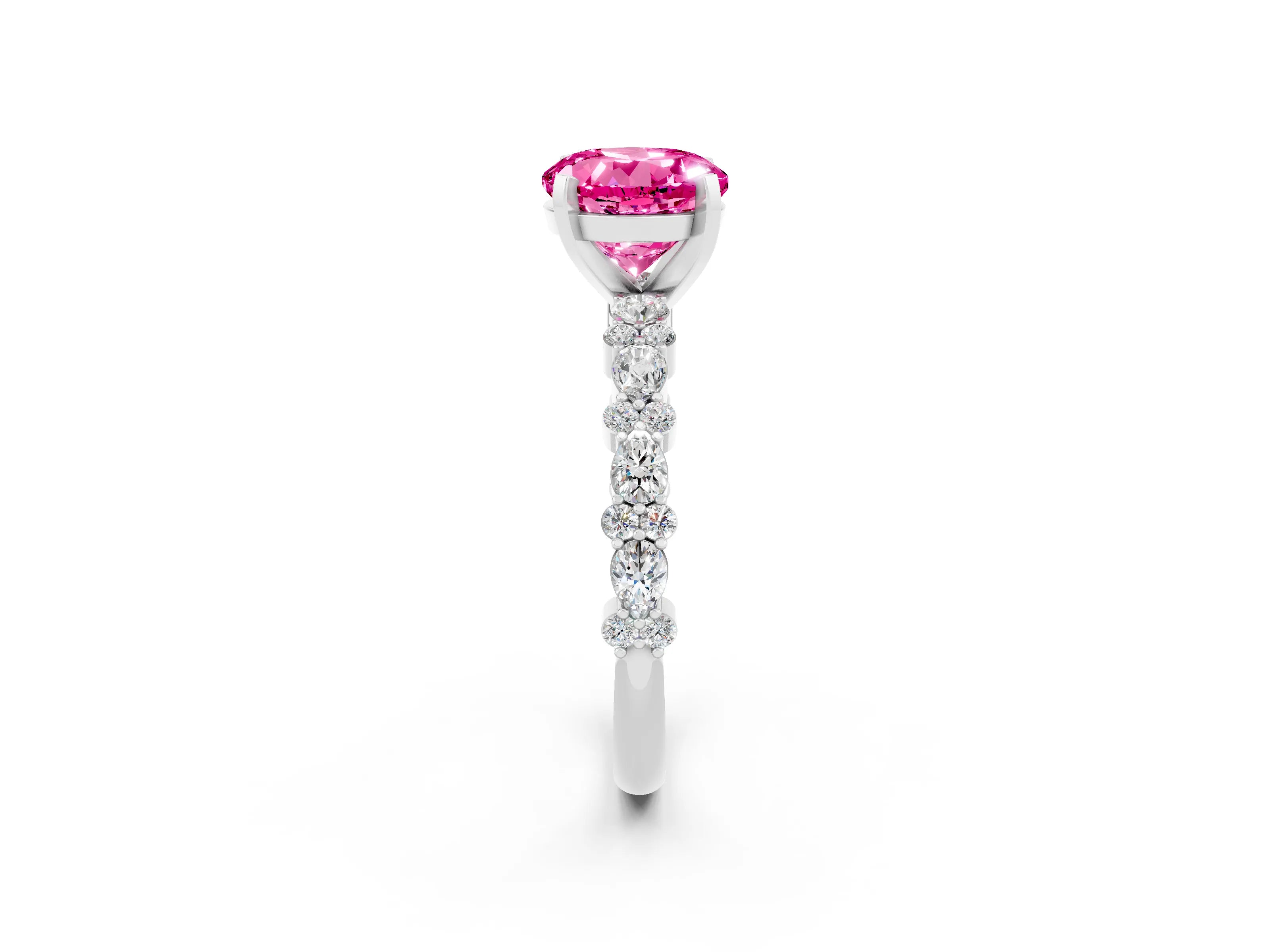 White gold Round Cut Pink Sapphire Solitaire with Side Stones, Pave Band, Four-Prong Setting_26