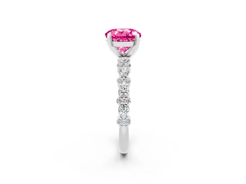 White gold Round Cut Pink Sapphire Solitaire with Side Stones, Pave Band, Four-Prong Setting_26