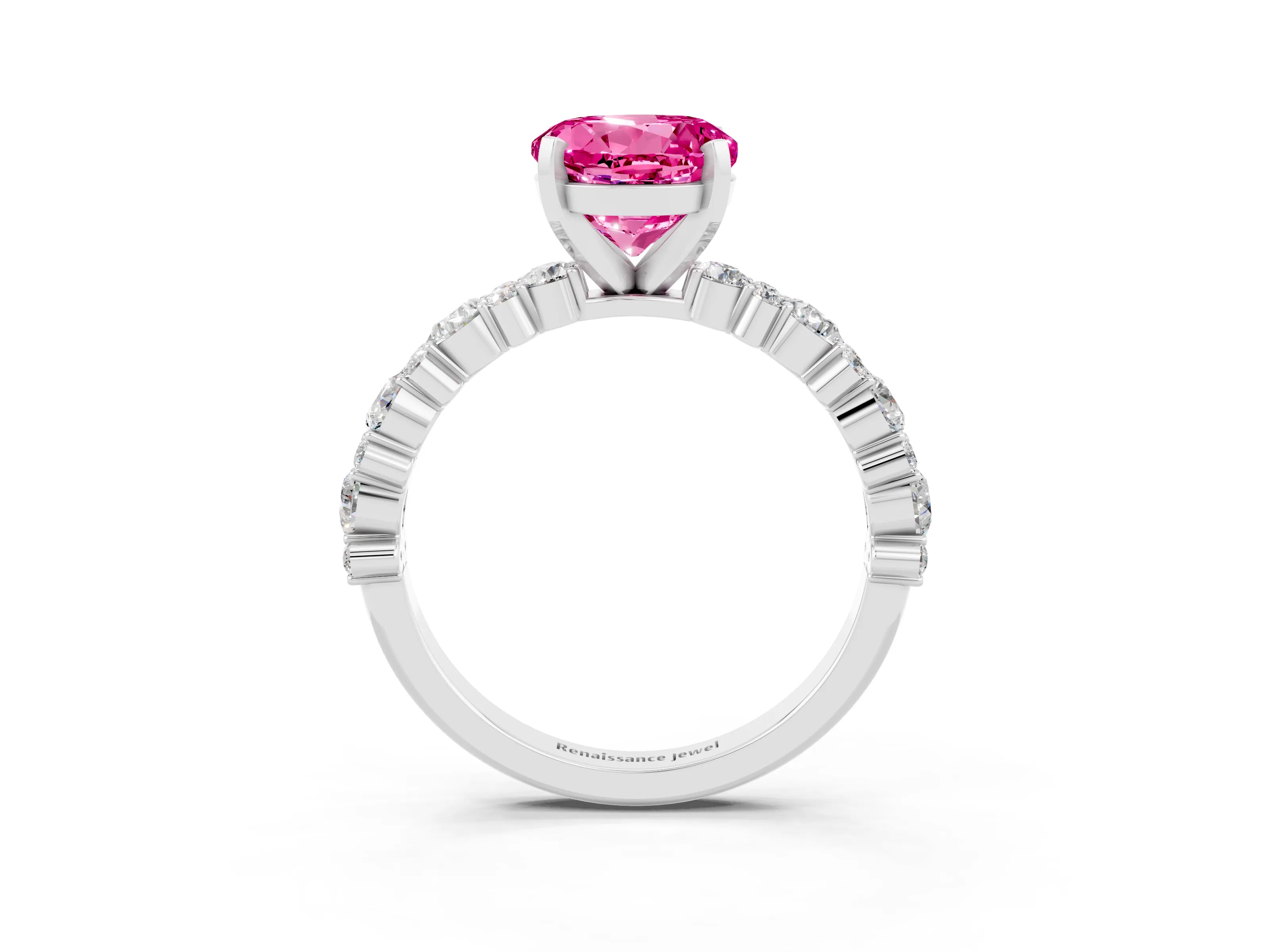 White gold Round Cut Pink Sapphire Solitaire with Side Stones, Pave Band, Four-Prong Setting_27