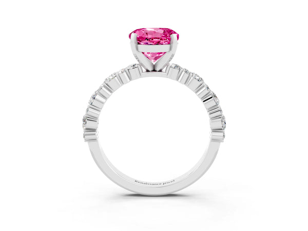 White gold Round Cut Pink Sapphire Side Stone Solitaire Ring with Round  and Four-Prong Setting