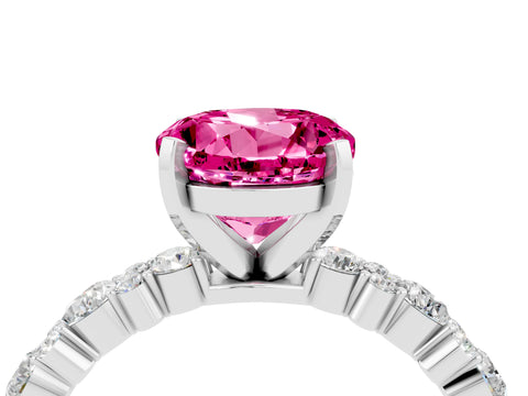 White gold Round Cut Pink Sapphire Solitaire with Side Stones, Pave Band, Four-Prong Setting_28