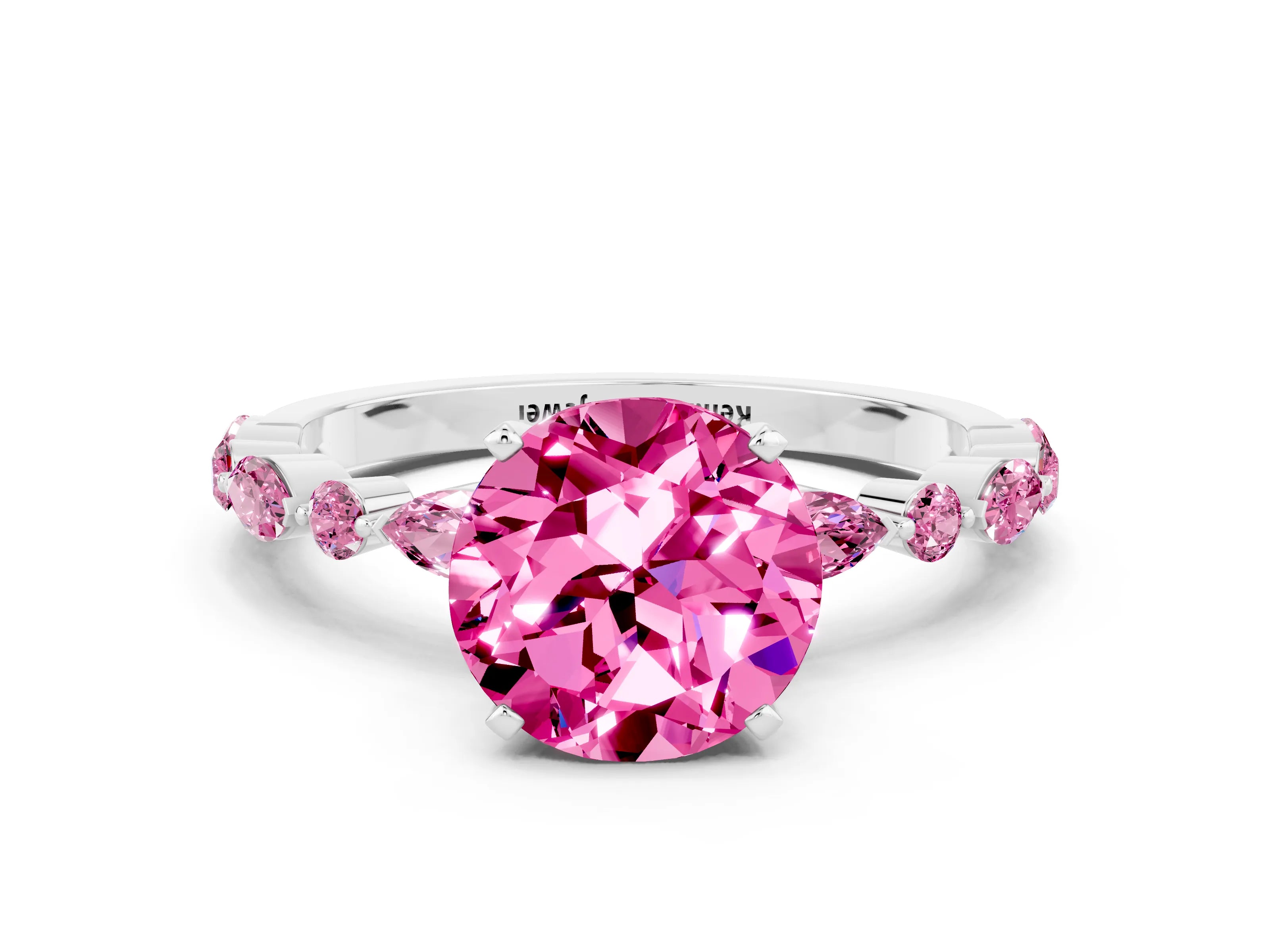White gold Round Cut Pink Sapphire Solitaire with Side Stones on a Pavé Band and Four-Prong Setting