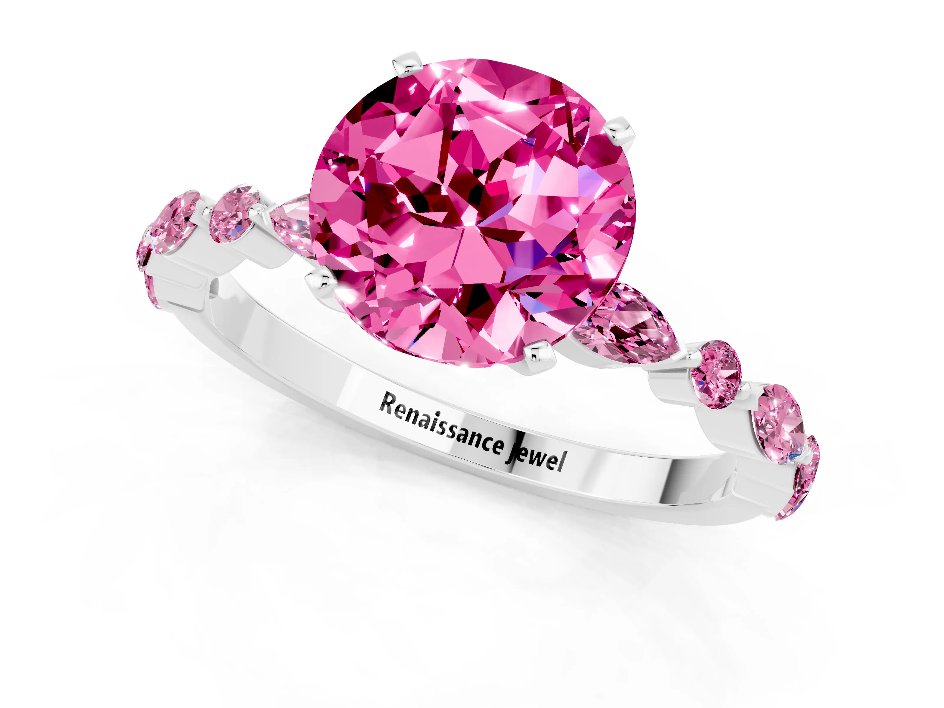 White gold Round Cut Pink Sapphire Solitaire with Side Stones on a Pavé Band and Four-Prong Setting_1
