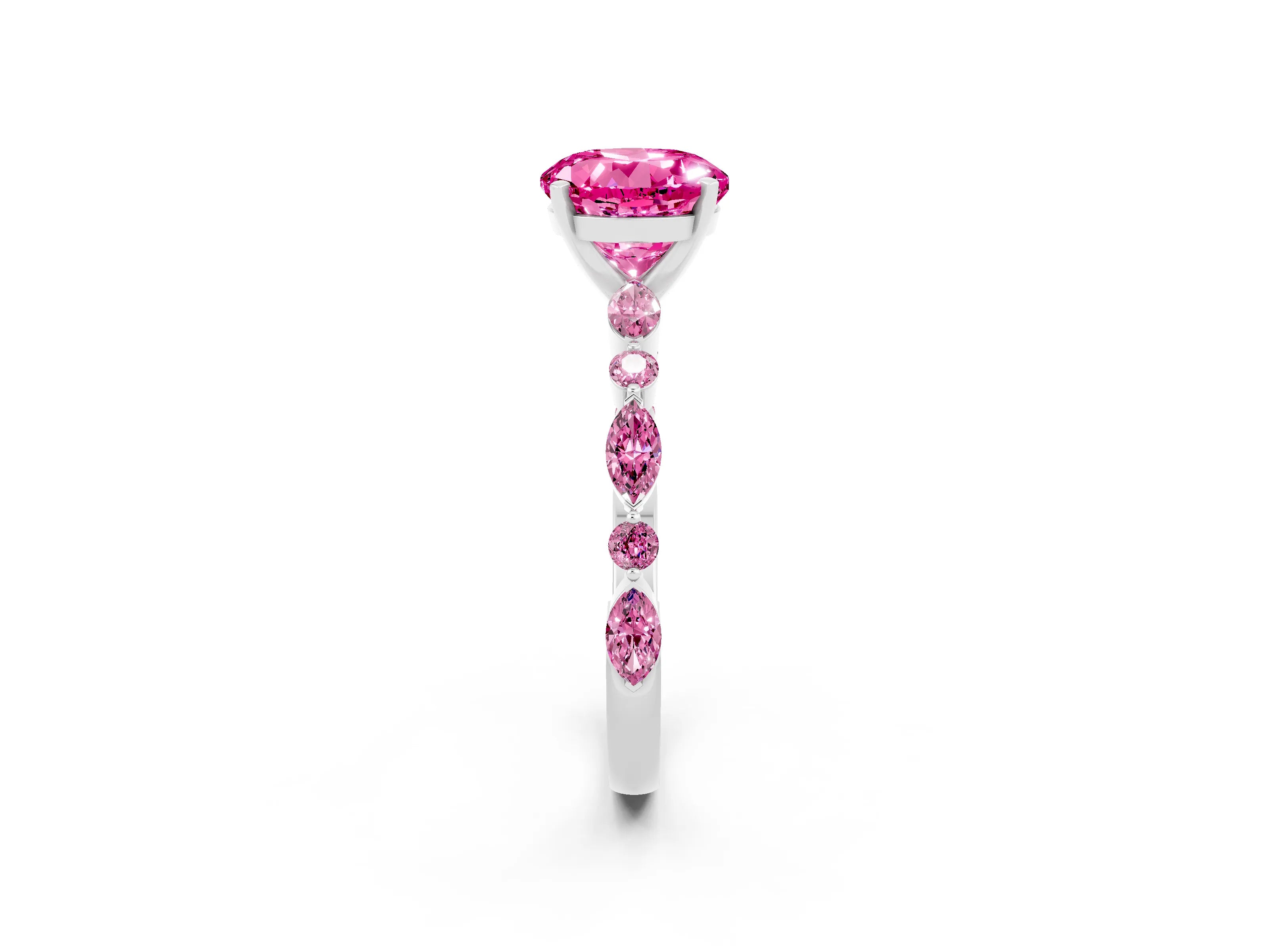 White gold Round Cut Pink Sapphire Solitaire with Side Stones on a Pavé Band and Four-Prong Setting_2