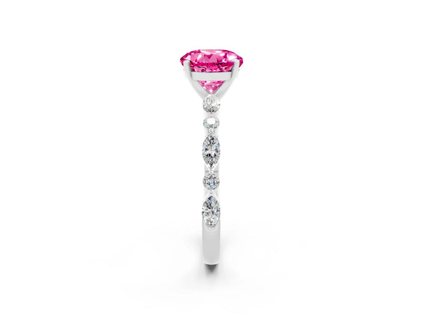 Platinum Round Cut Pink Sapphire Ring with Marquise and Round  Side Stones and Four-Prong Setting
